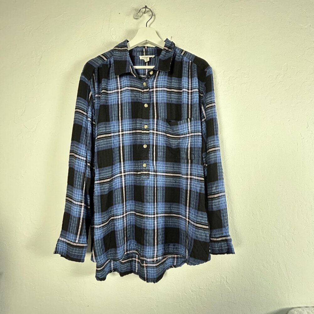 Beachlunchlounge Women Blue Plaid Button-Down Shirt Blouse Long Sleeve Casual XL